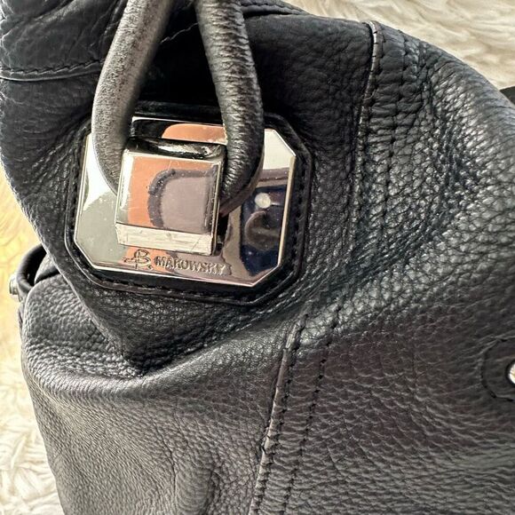 B. Makowsky Magnetic Flap Black Leather Metallic Gray Handles Shoulder Handbag - Picture 4 of 11